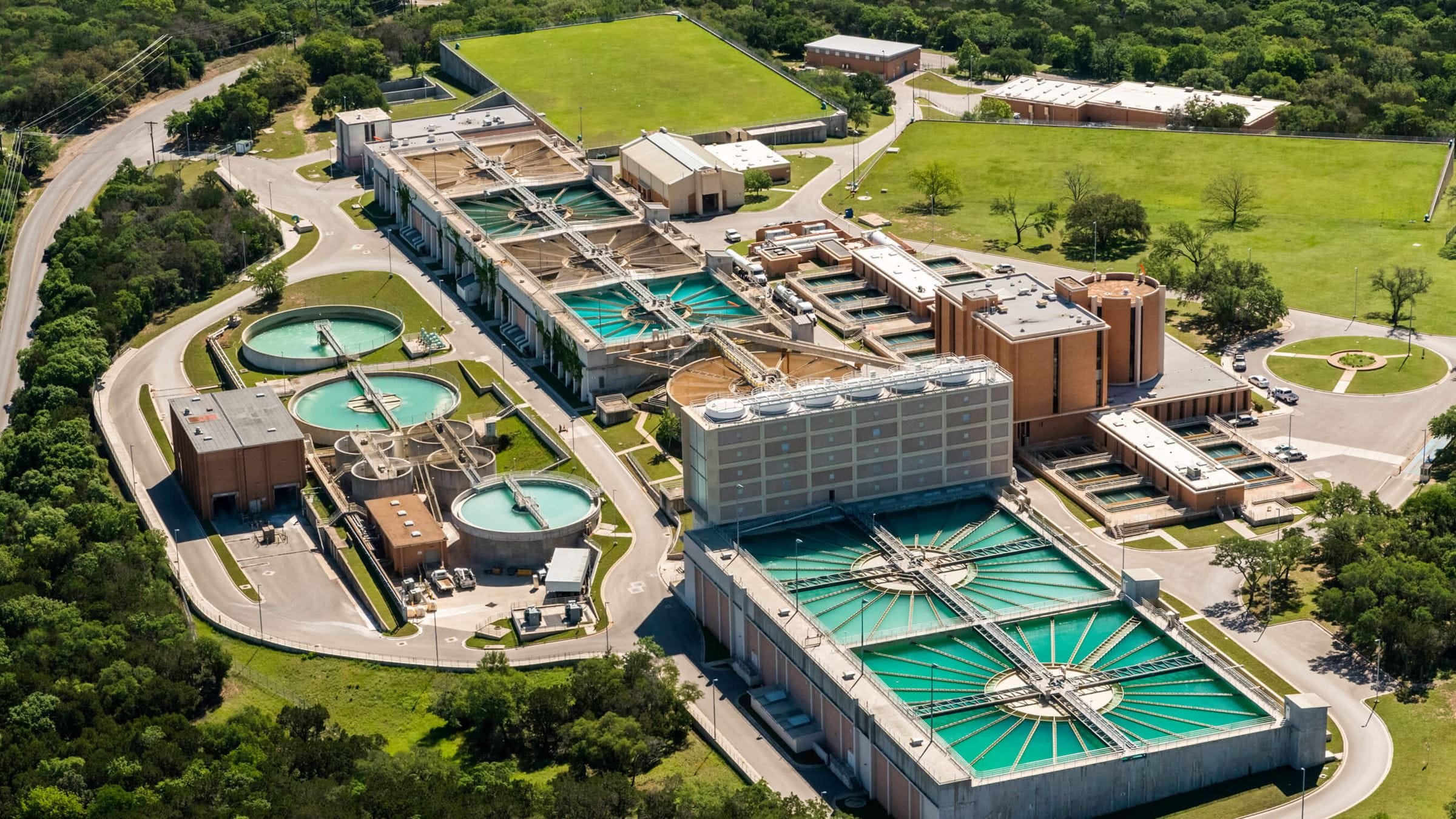 Birdseye view of waste water treatment plant and surrounds