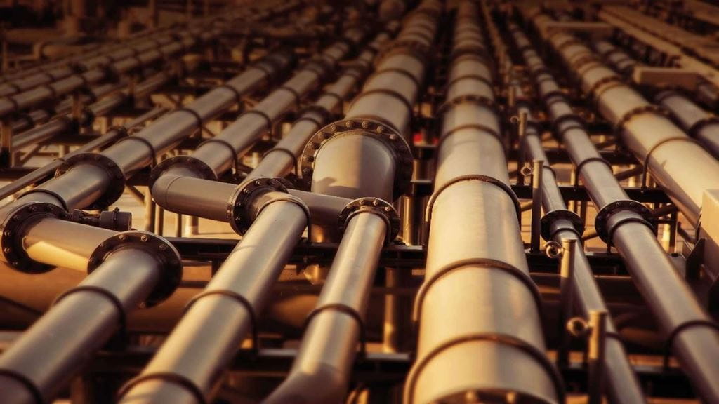 Close up of pipes at a refinery