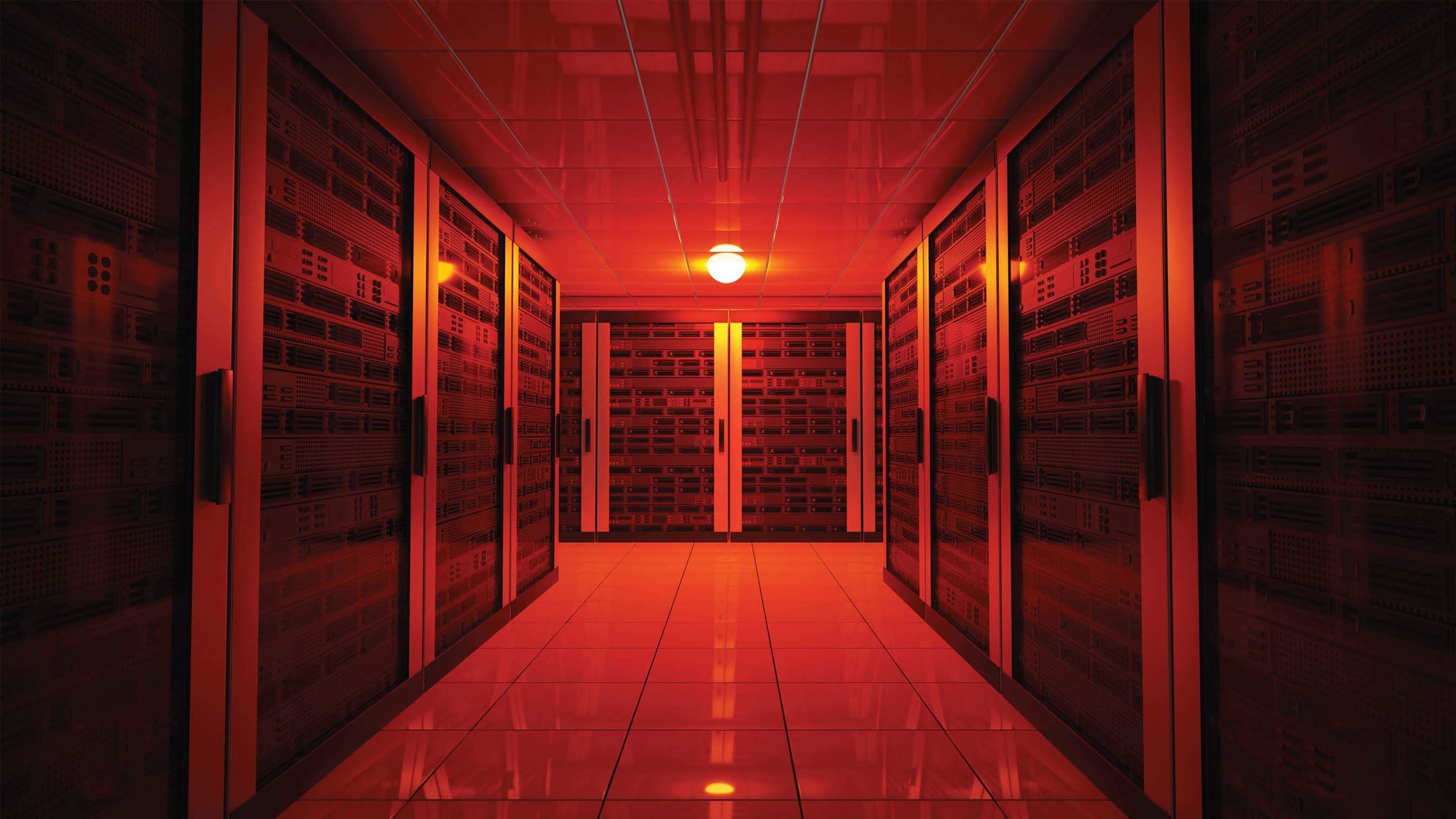 Datacentre hallway dimmed in red light