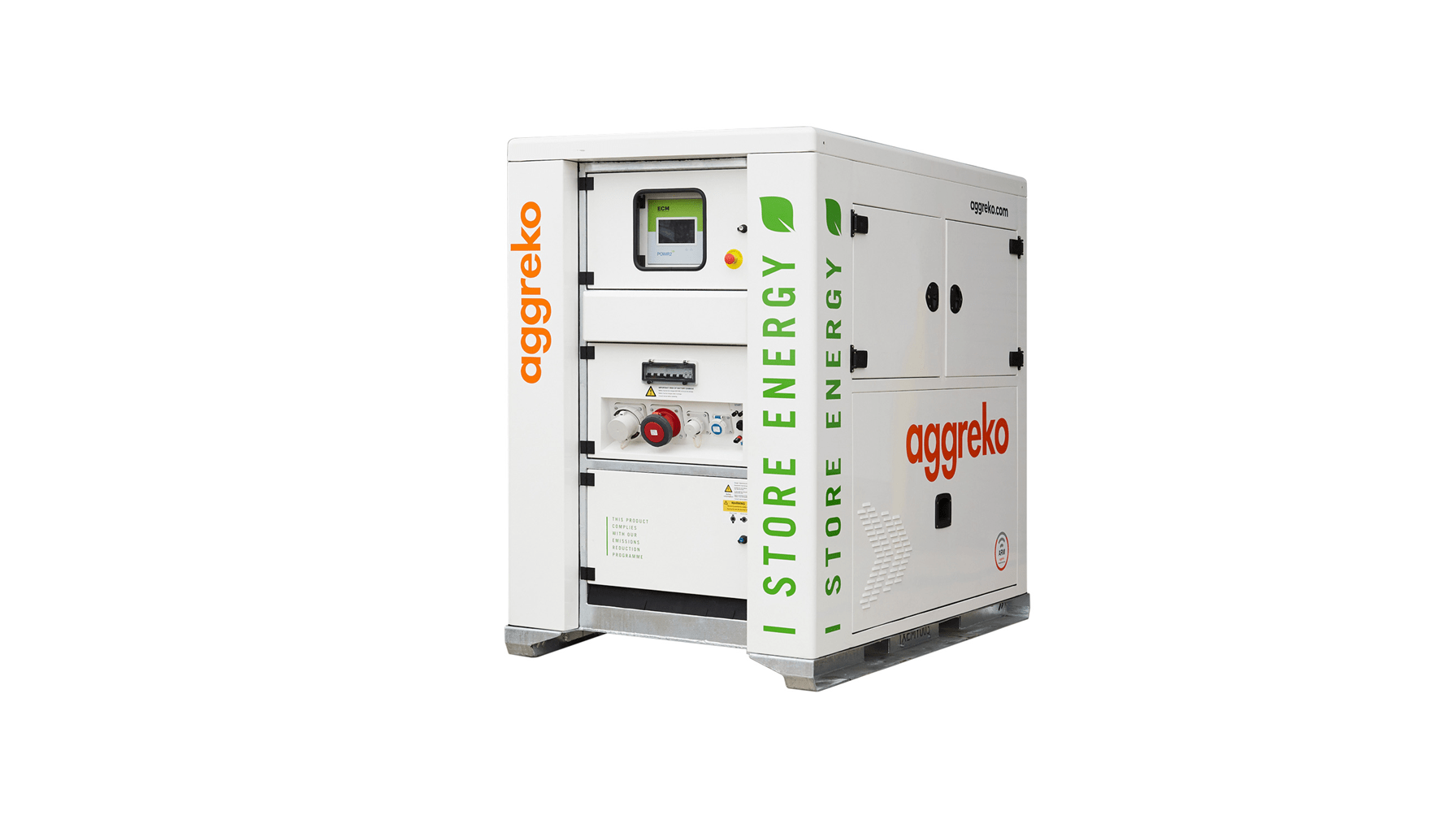 A single white battery emblazoned with Aggreko livery
