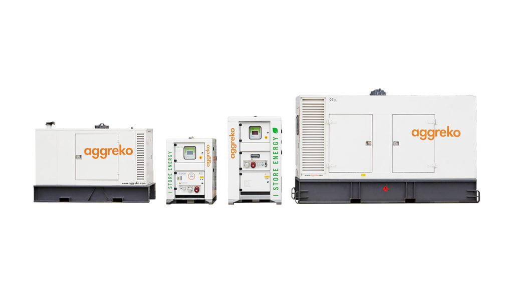 Three different angles of an Aggreko white battery