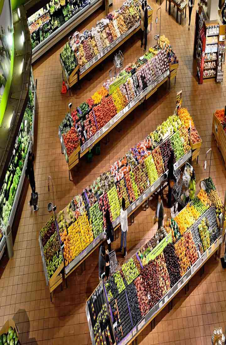 Aerial view of fresh food aisle of supermarket