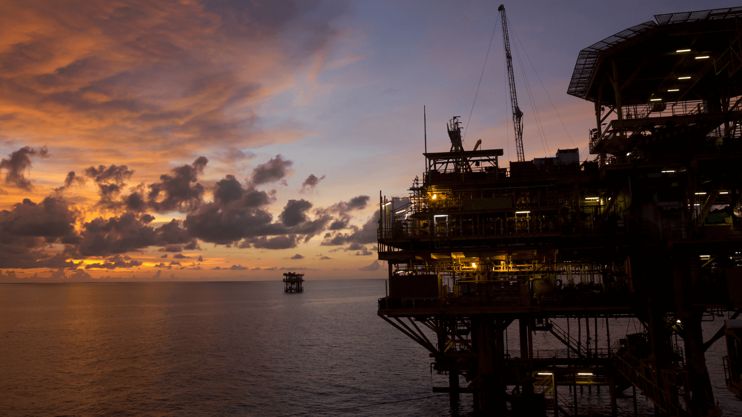 North Sea oil rig in sunset